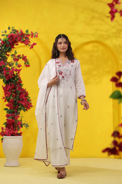 White Red Chandni Embroidery Mul Cotton Suit