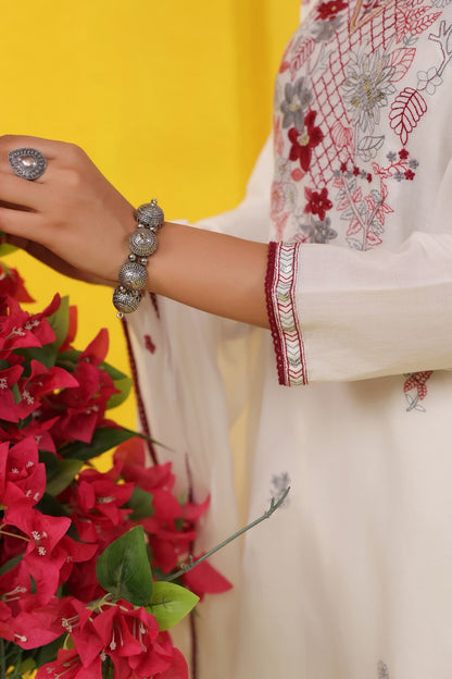 White Red Chandni Embroidery Mul Cotton Suit