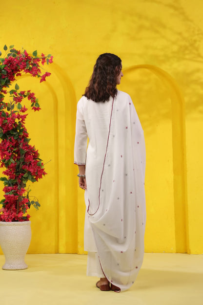 White Red Chandni Embroidery Mul Cotton Suit