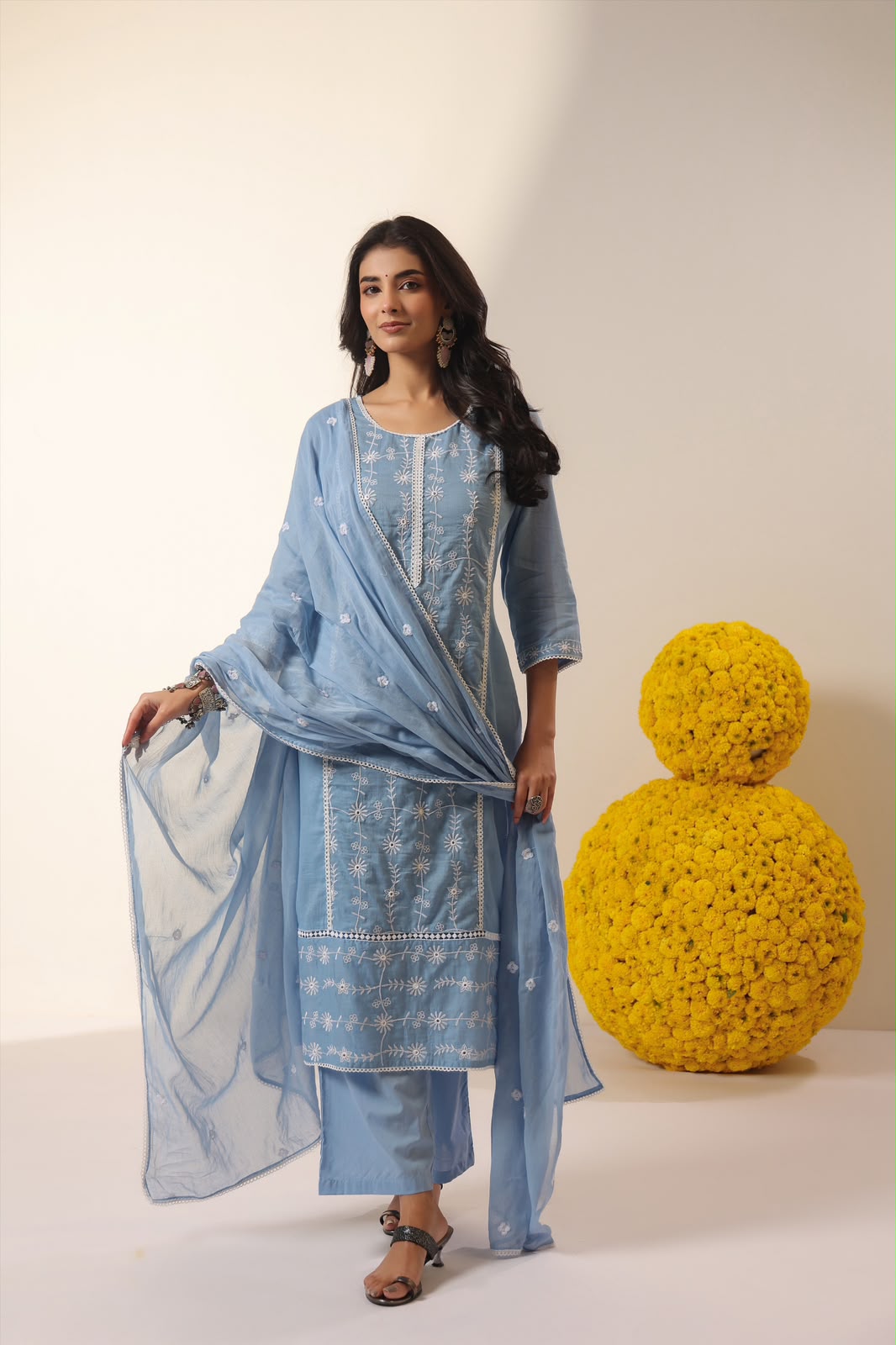 Powder Blue Grace Embroidery Mul Cotton Suit