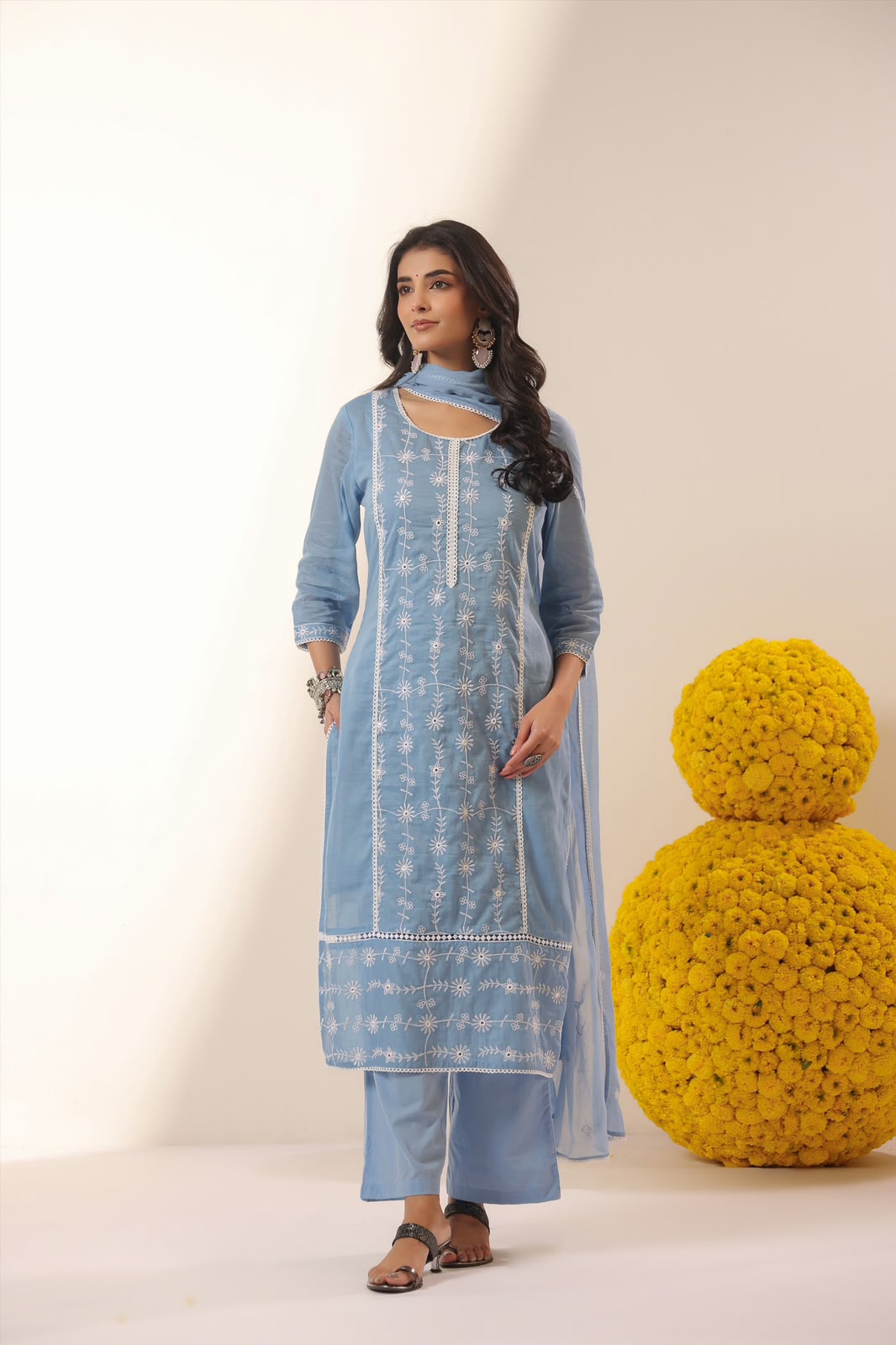 Powder Blue Grace Embroidery Mul Cotton Suit