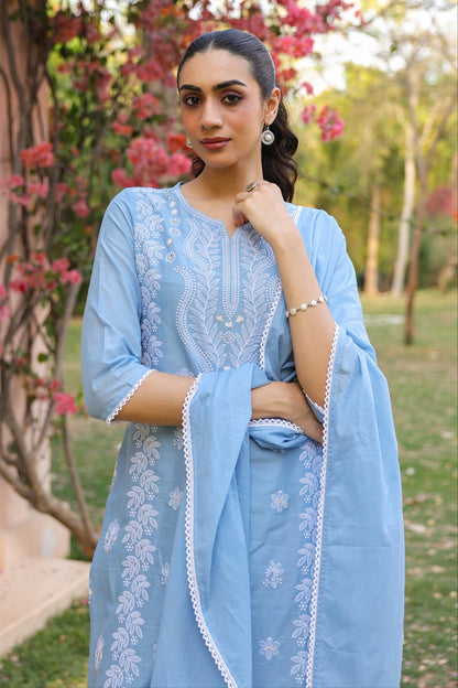 Powder Blue Embroidery Mul Cotton Suit