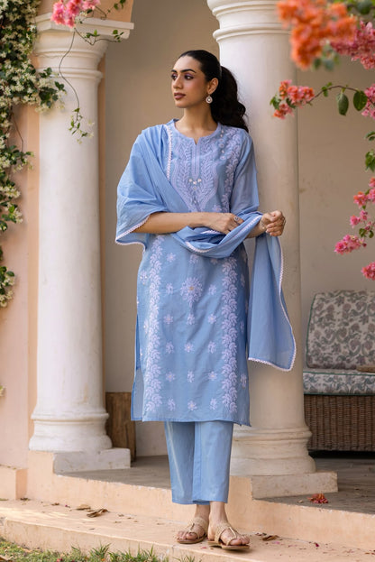 Powder Blue Embroidery Mul Cotton Suit