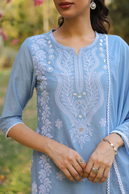 Powder Blue Embroidery Mul Cotton Suit