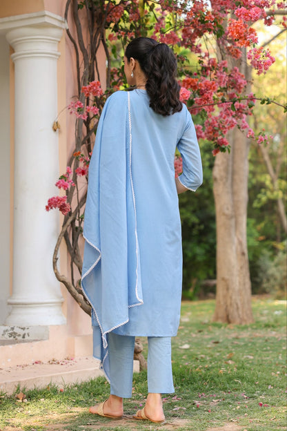 Powder Blue Embroidery Mul Cotton Suit