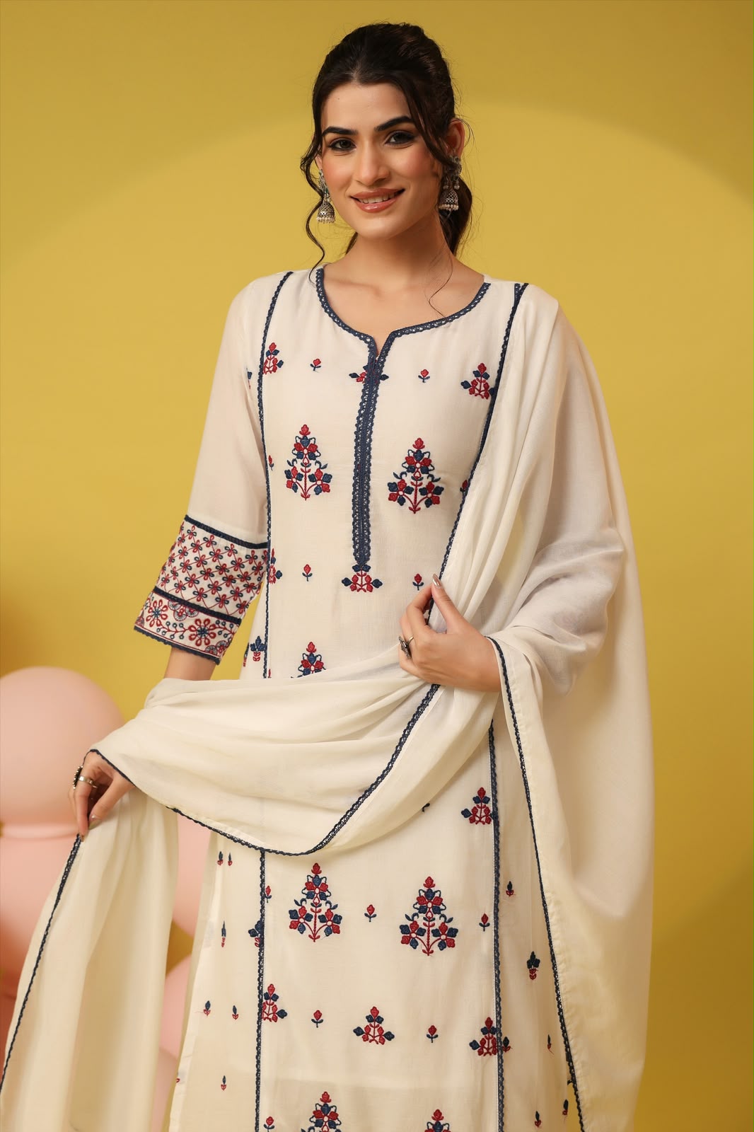 Ivory Gulnar Embroidery Mul Cotton Suit