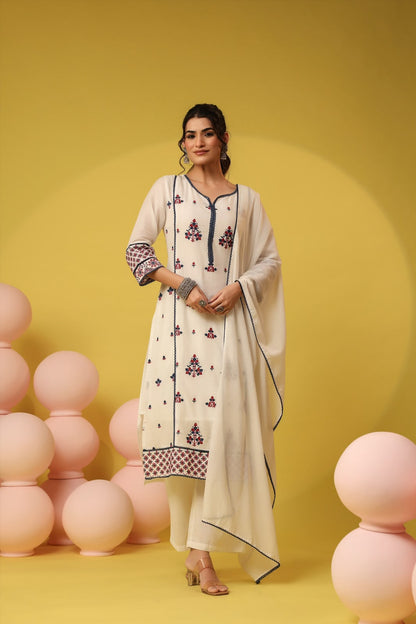 Ivory Gulnar Embroidery Mul Cotton Suit
