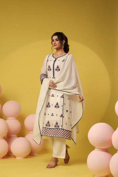 Ivory Gulnar Embroidery Mul Cotton Suit