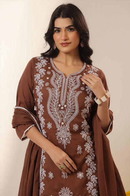 Chocolate Brown Embroidery Mul Cotton Suit
