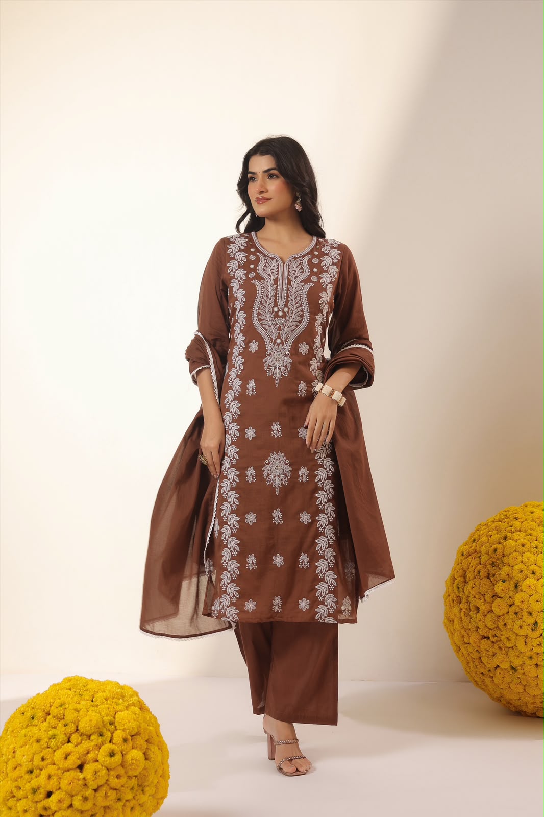 Chocolate Brown Embroidery Mul Cotton Suit