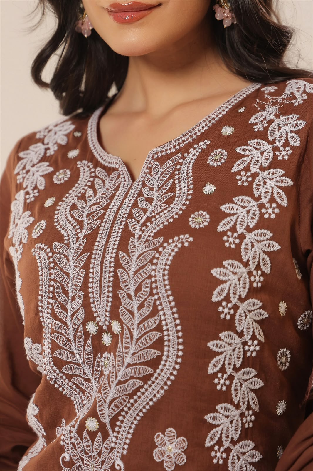 Chocolate Brown Embroidery Mul Cotton Suit