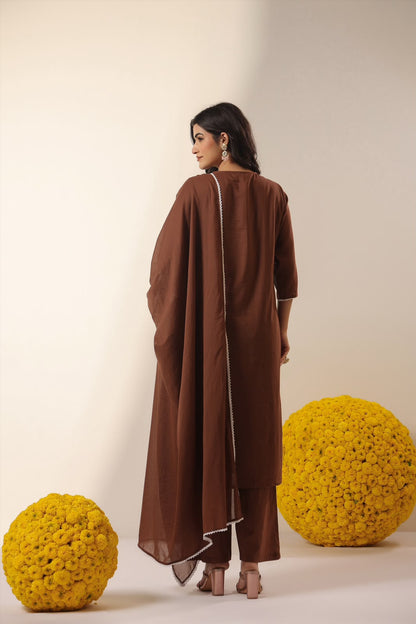 Chocolate Brown Embroidery Mul Cotton Suit