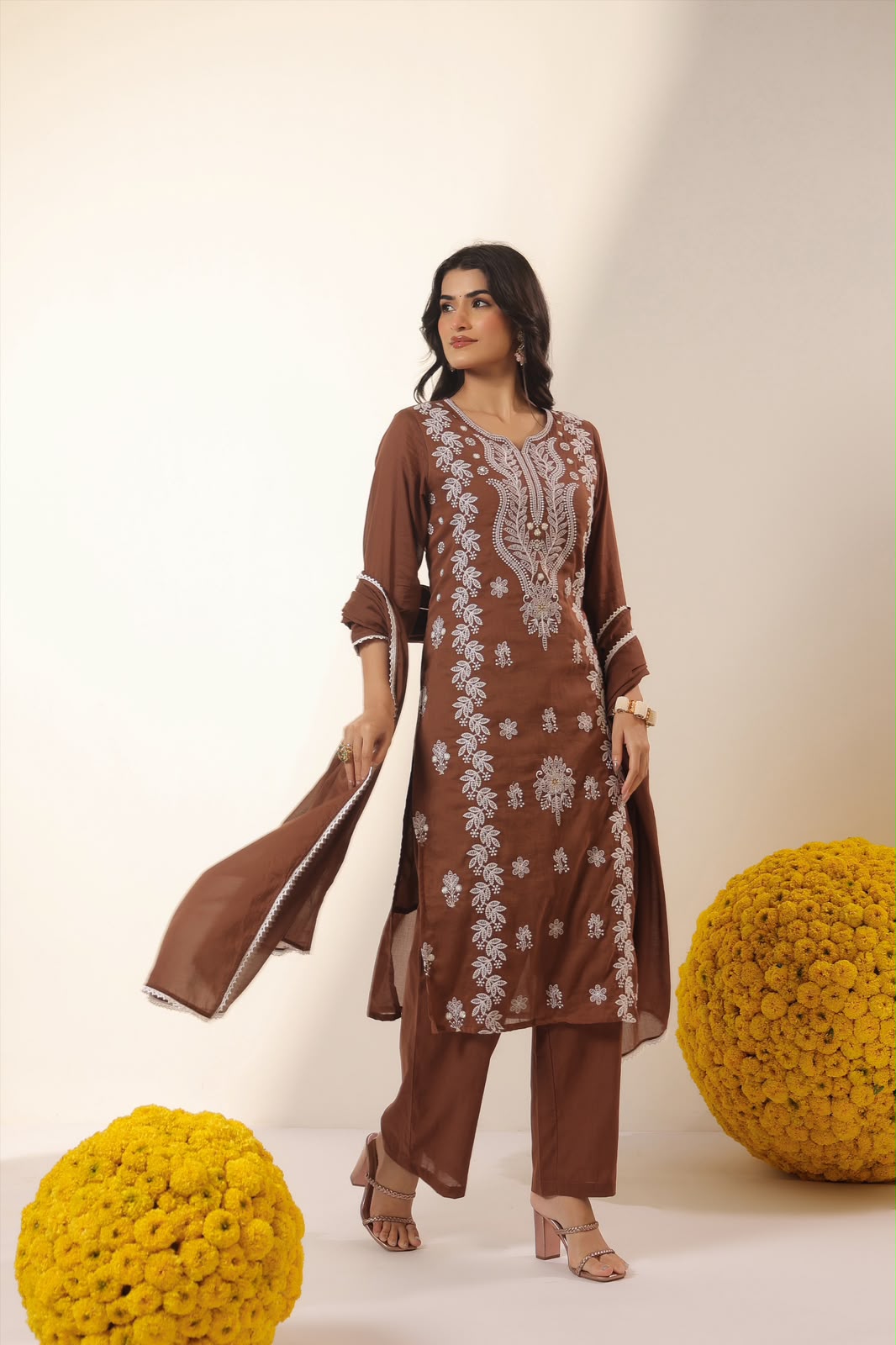 Chocolate Brown Embroidery Mul Cotton Suit