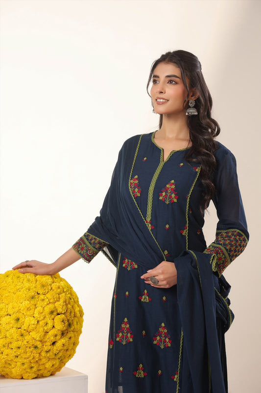 Indigo Gulnar Embroidery Mul Cotton Suit