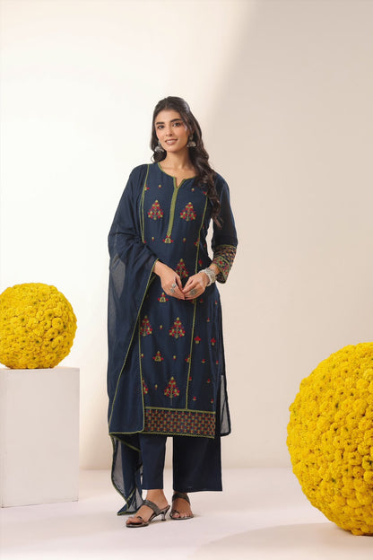 Indigo Gulnar Embroidery Mul Cotton Suit