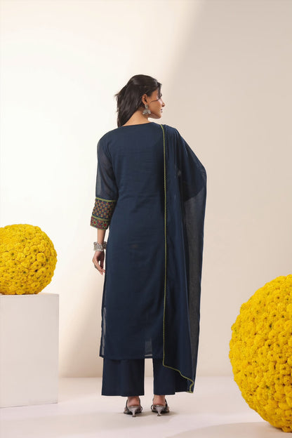 Indigo Gulnar Embroidery Mul Cotton Suit