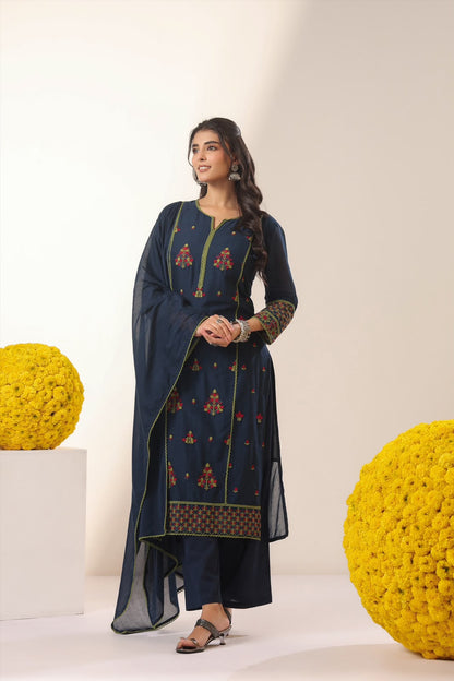 Indigo Gulnar Embroidery Mul Cotton Suit