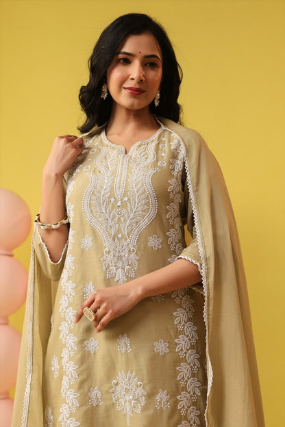 Beige Embroidery Mul Cotton Suit
