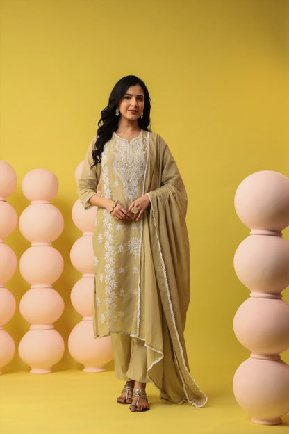 Beige Embroidery Mul Cotton Suit