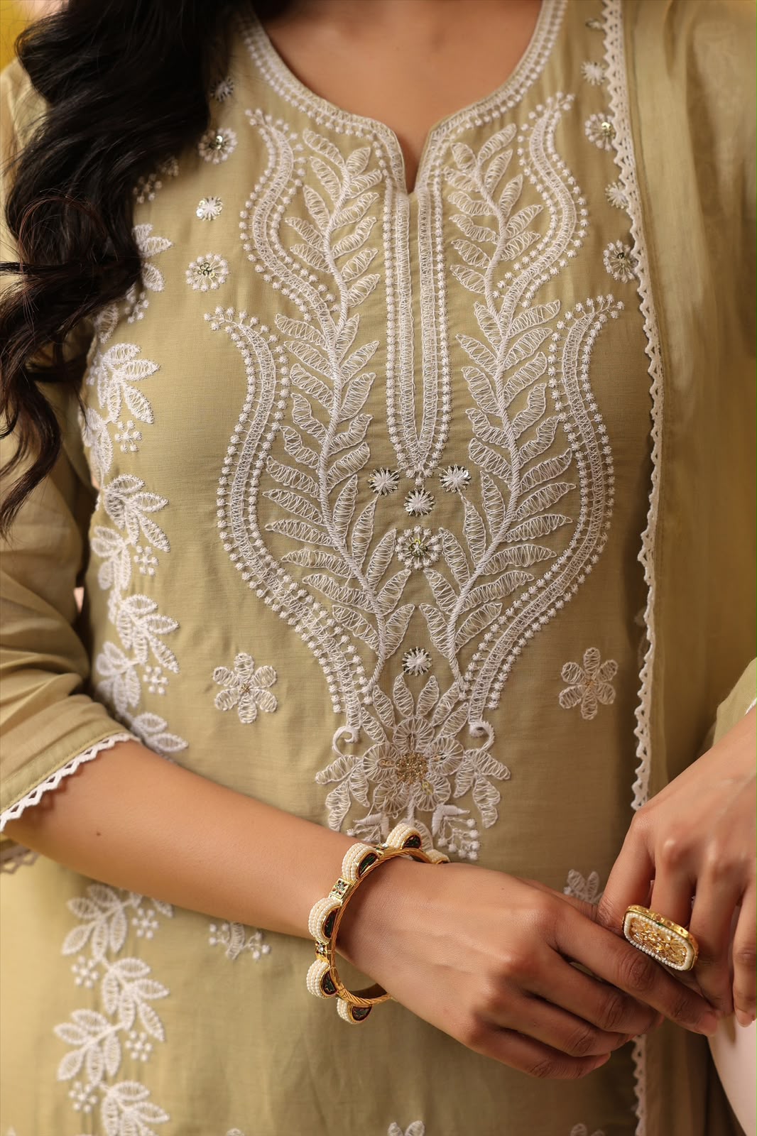 Beige Embroidery Mul Cotton Suit