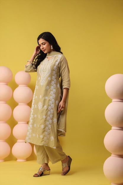 Beige Embroidery Mul Cotton Suit