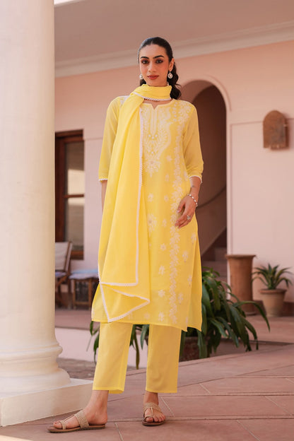 Yellow Embroidery Mul Cotton Suit