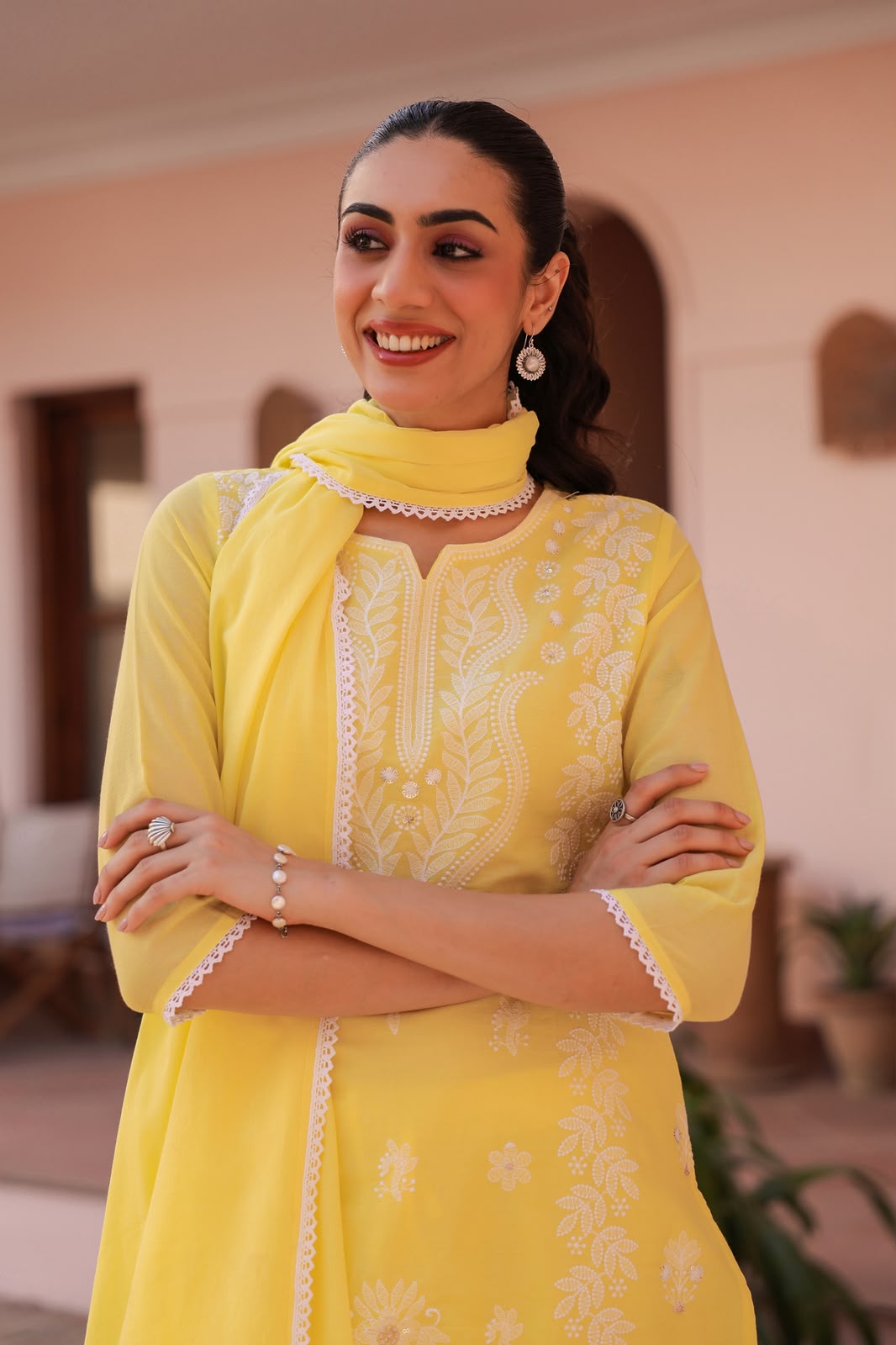 Yellow Embroidery Mul Cotton Suit