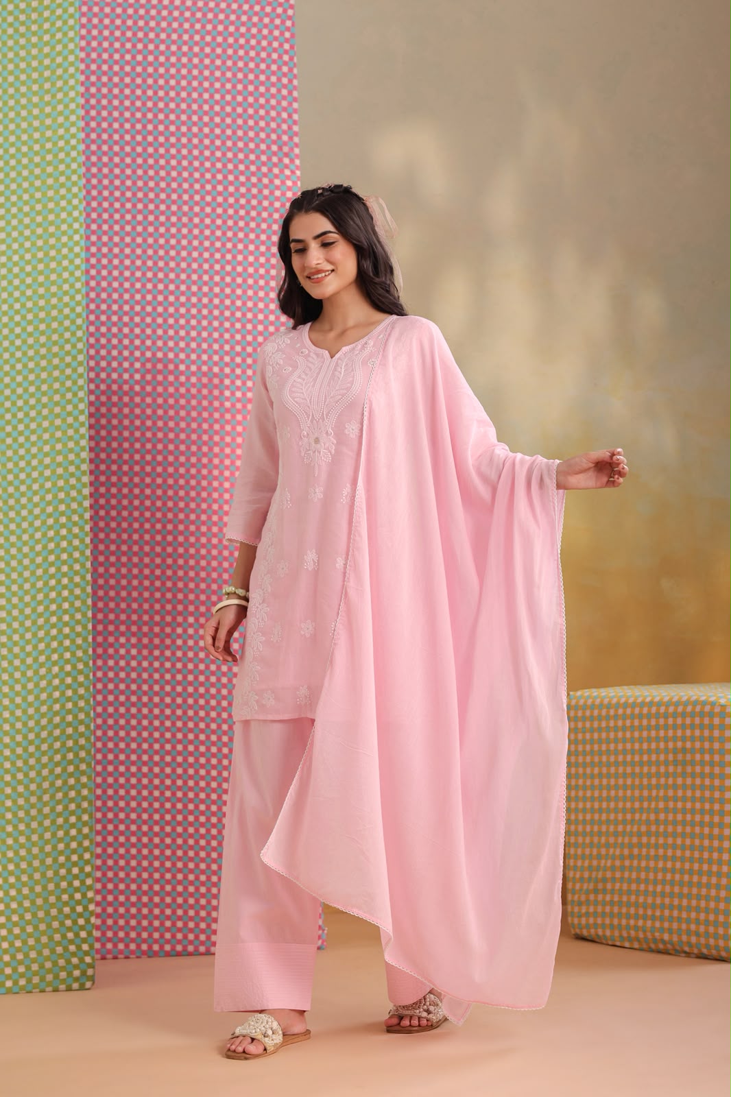 Pink Embroidery Farsi Salwar Mul Cotton Suit