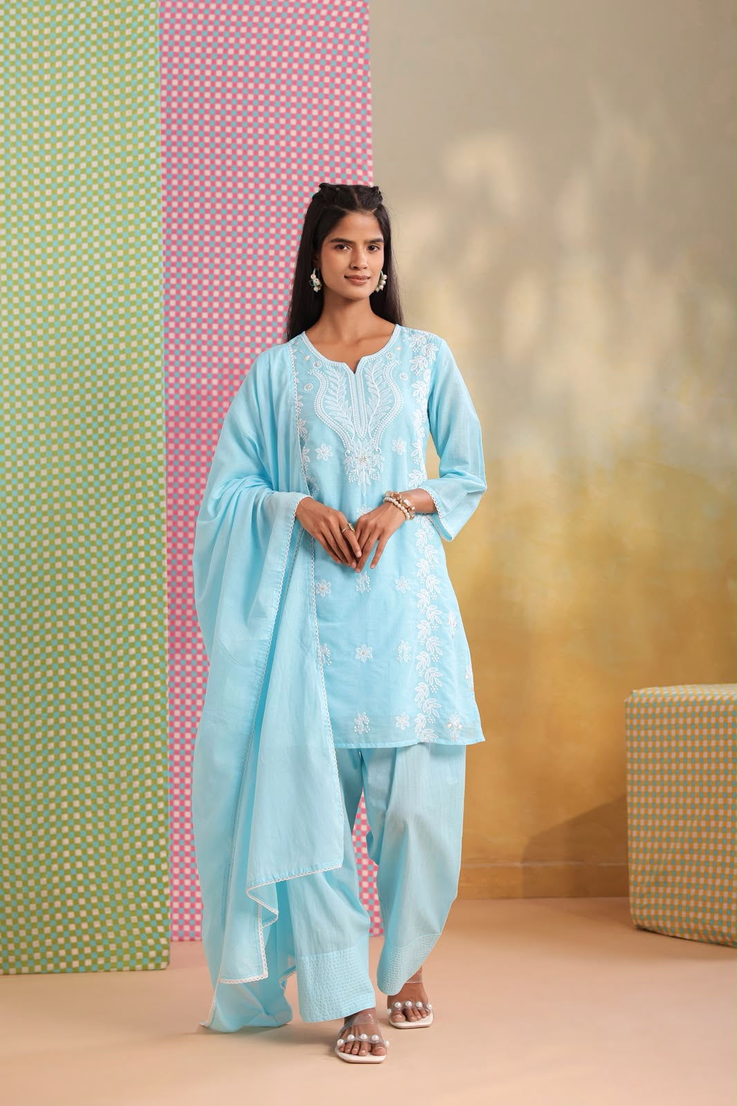 Azure Embroidery Farsi Salwar Mul Cotton Suit