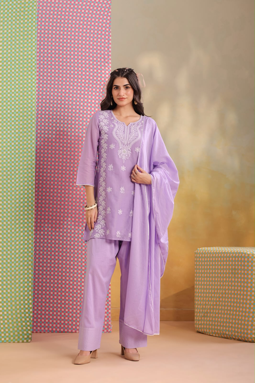 Purple Embroidery Farsi Salwar Mul Cotton Suit