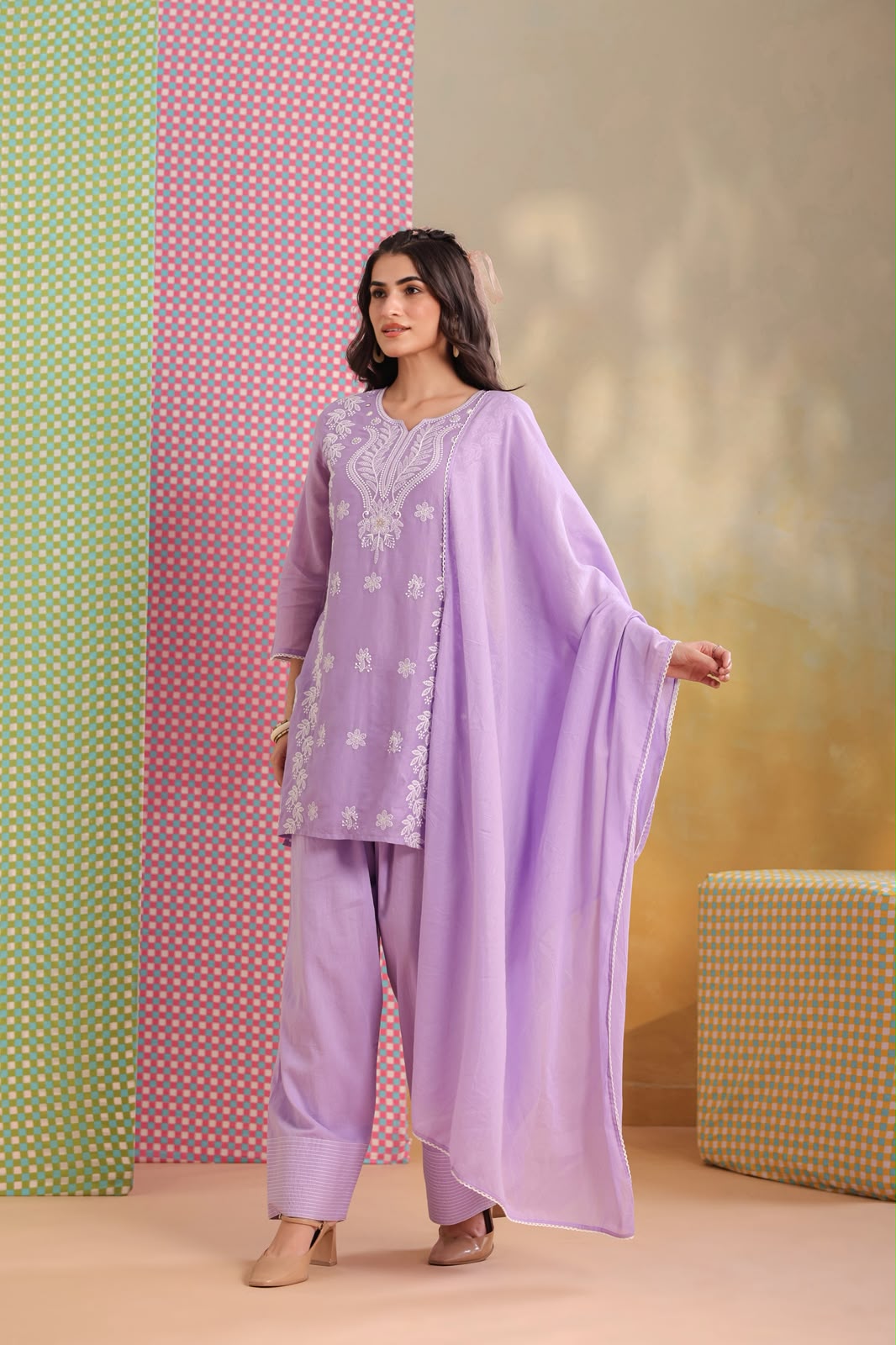 Purple Embroidery Farsi Salwar Mul Cotton Suit