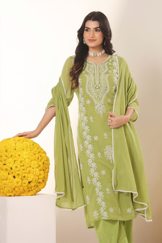 Green Embroidery Mul Cotton Suit