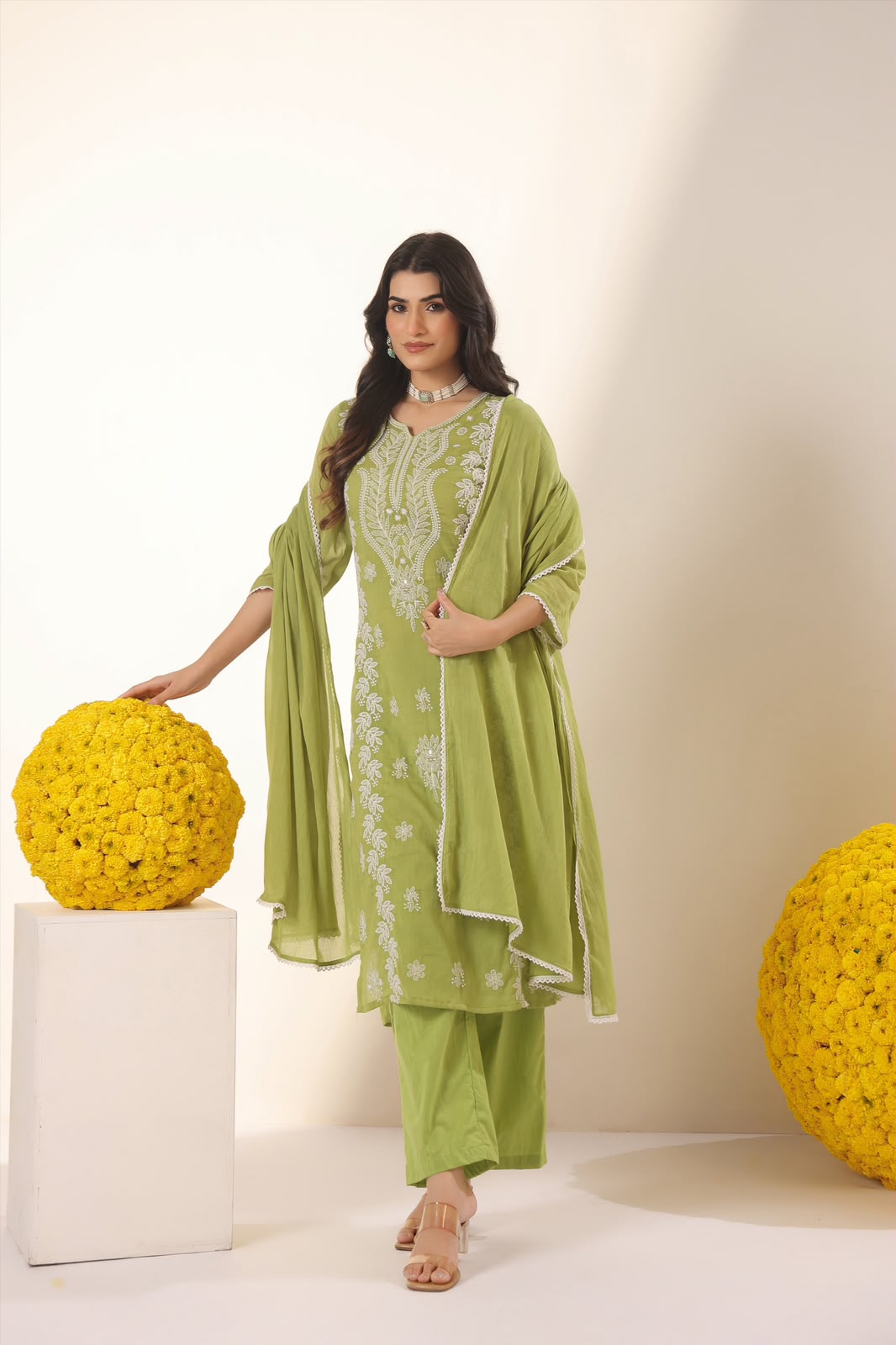 Green Embroidery Mul Cotton Suit