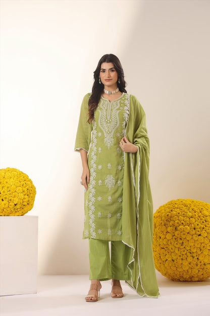 Green Embroidery Mul Cotton Suit