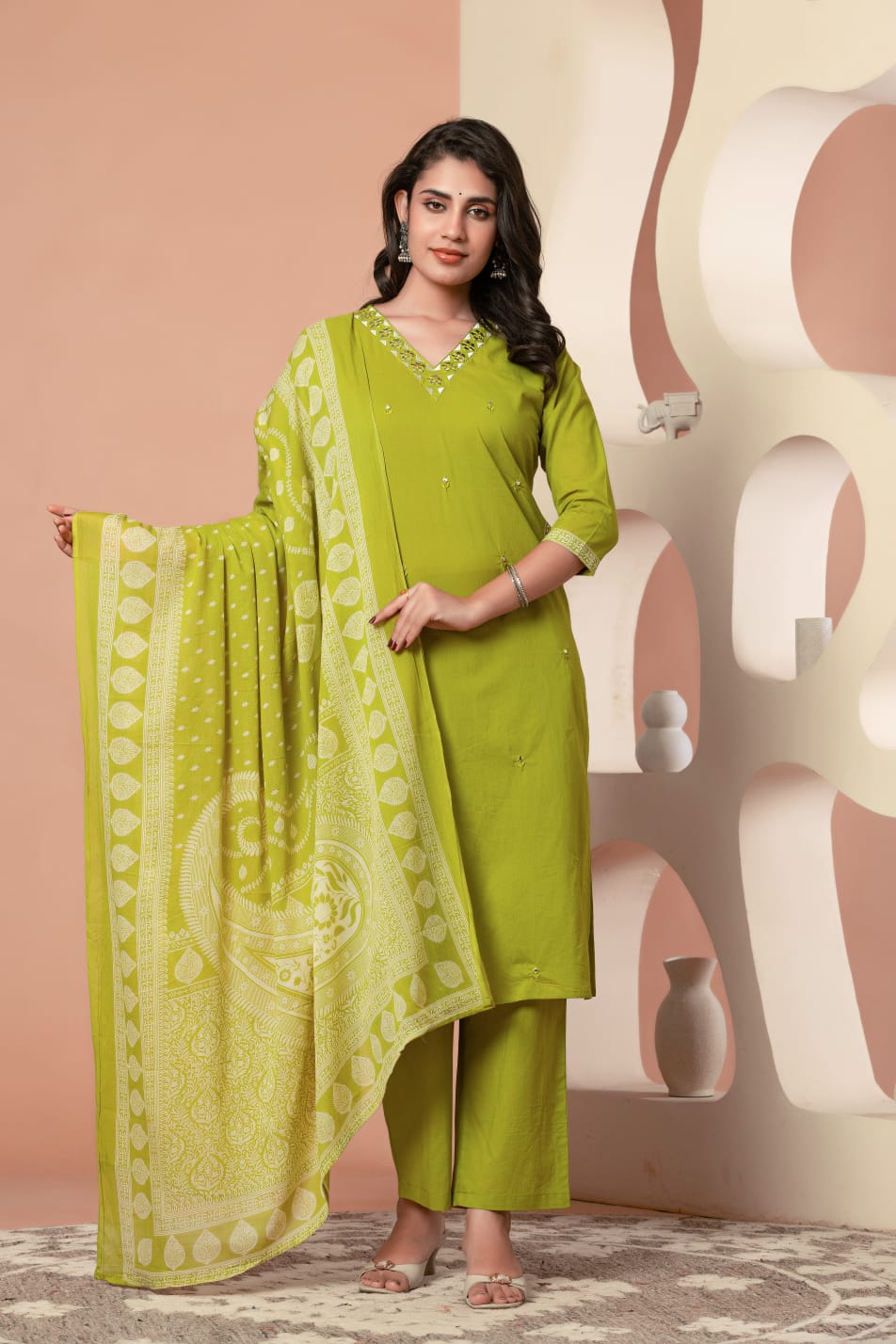 Green Buds Embroidery Cotton Suit