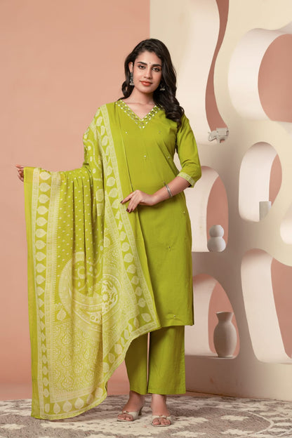 Green Buds Embroidery Cotton Suit
