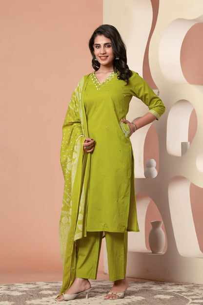 Green Buds Embroidery Cotton Suit