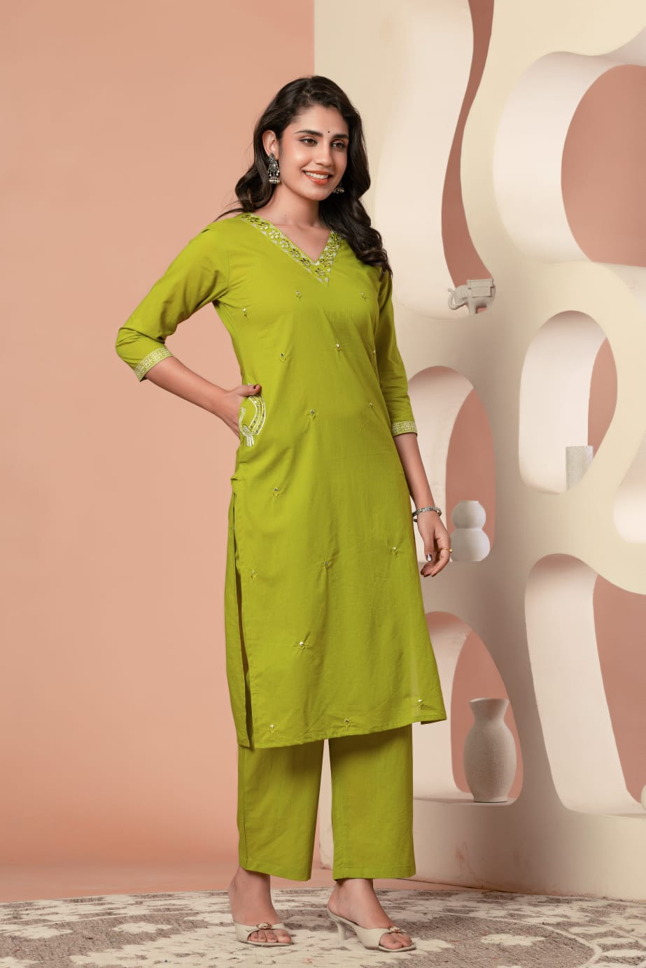 Green Buds Embroidery Cotton Suit