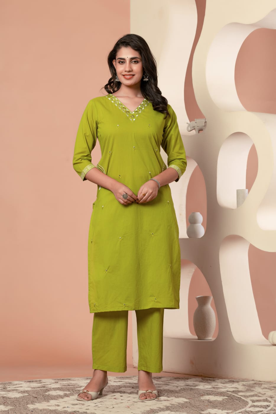Green Buds Embroidery Cotton Suit