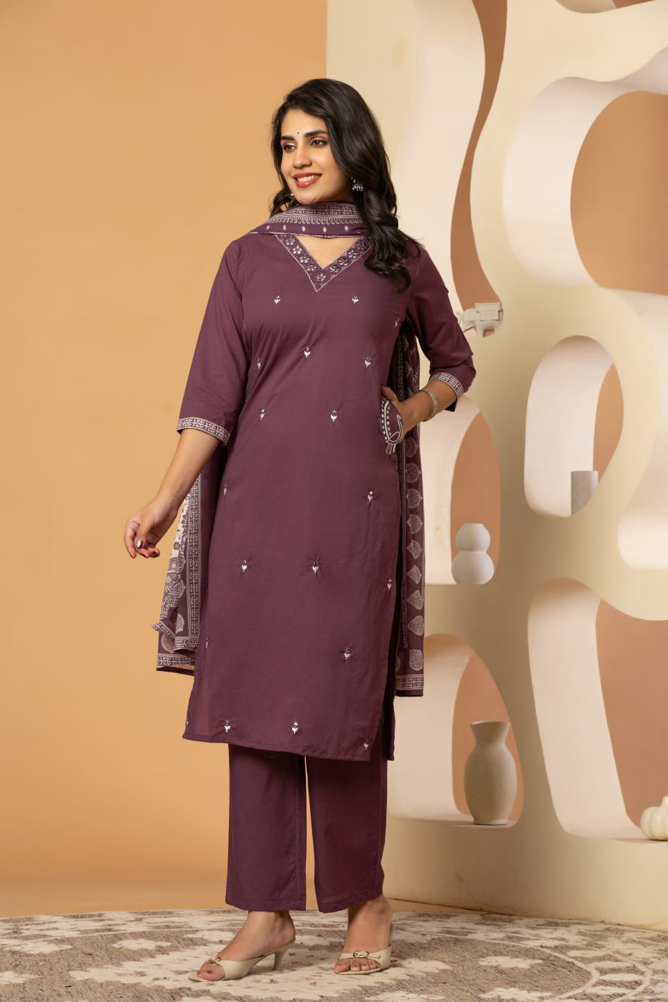 Burgundy Buds Embroidery Cotton Suit