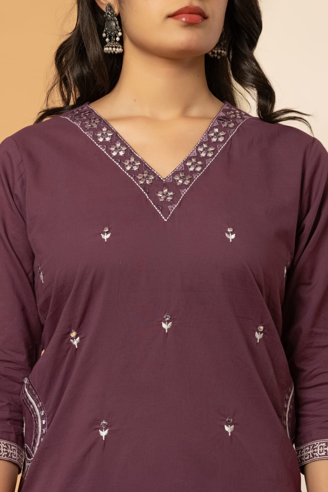 Burgundy Buds Embroidery Cotton Suit