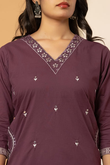 Burgundy Buds Embroidery Cotton Suit