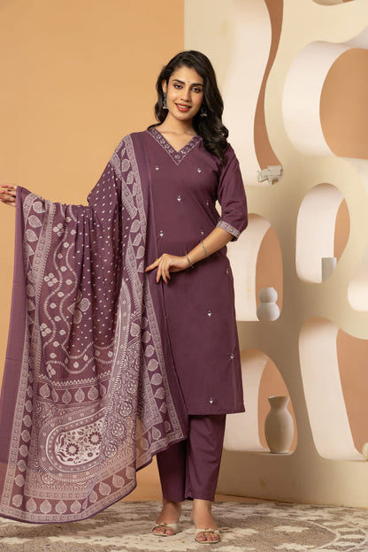 Burgundy Buds Embroidery Cotton Suit