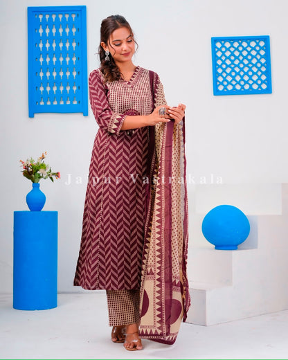 Maroon Ikkat Strokes Cotton Dupatta Set