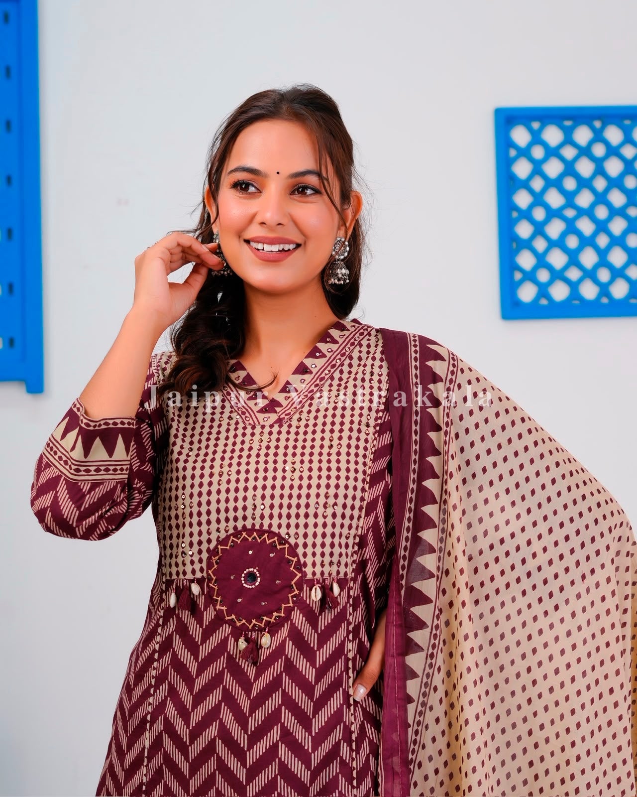 Maroon Ikkat Strokes Cotton Dupatta Set