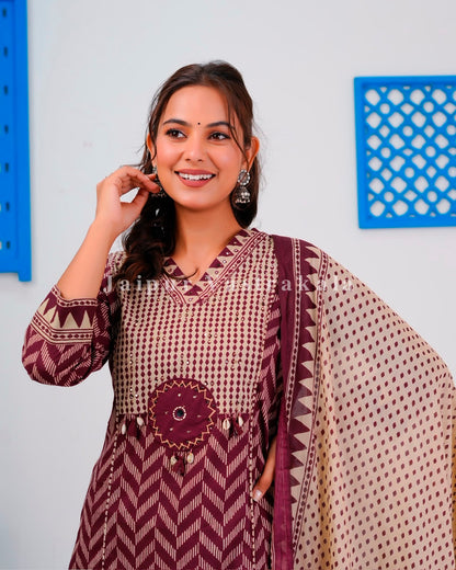 Maroon Ikkat Strokes Cotton Dupatta Set