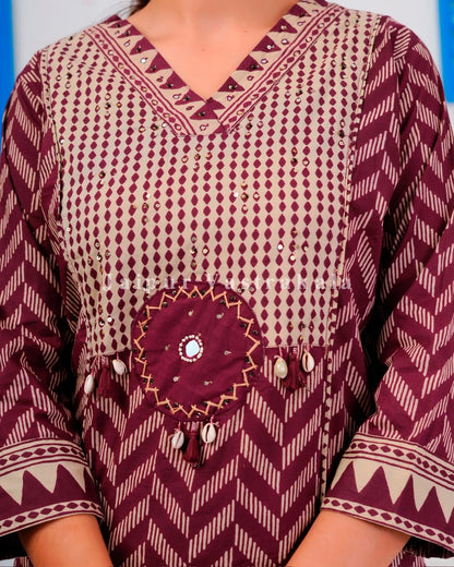 Maroon Ikkat Strokes Cotton Dupatta Set