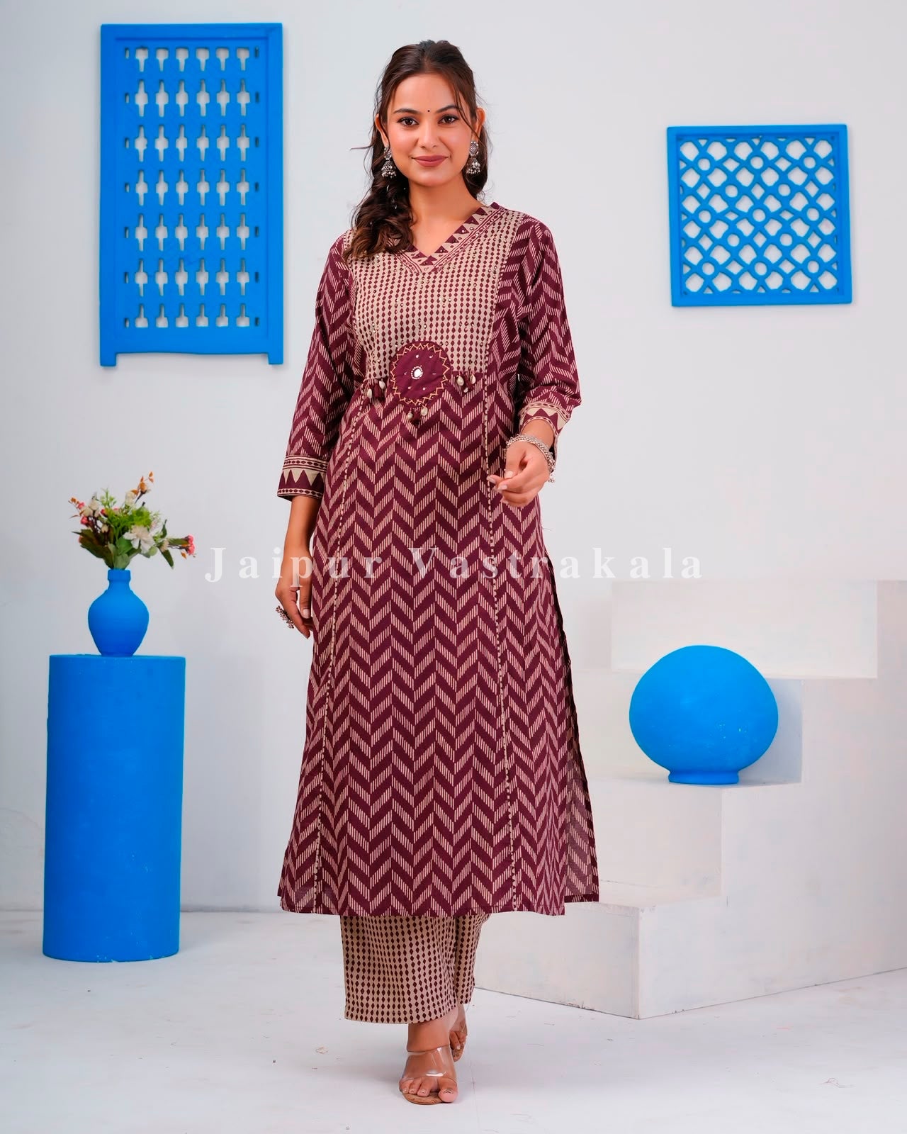 Maroon Ikkat Strokes Cotton Dupatta Set