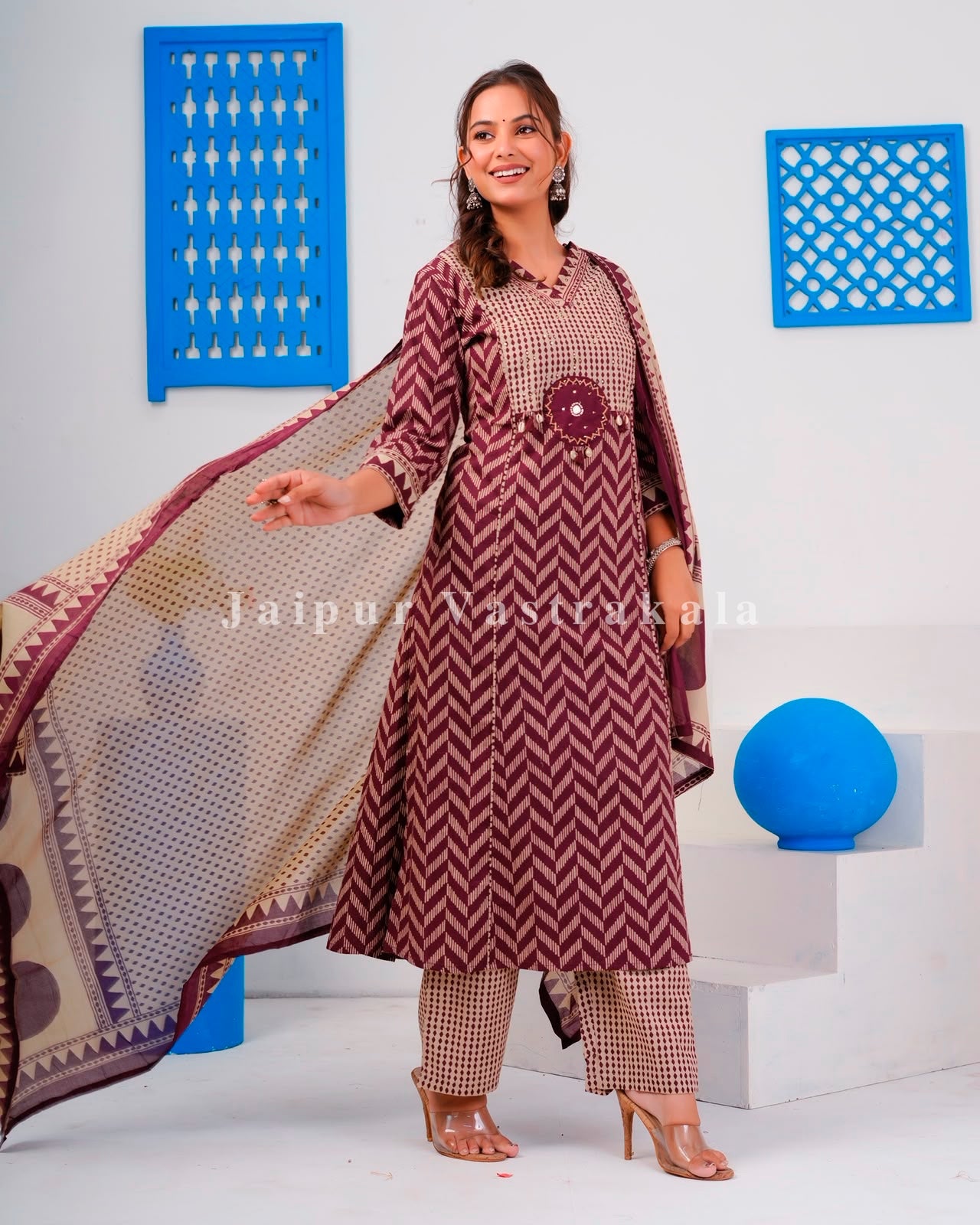Maroon Ikkat Strokes Cotton Dupatta Set