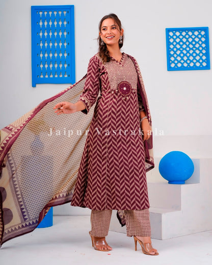 Maroon Ikkat Strokes Cotton Dupatta Set